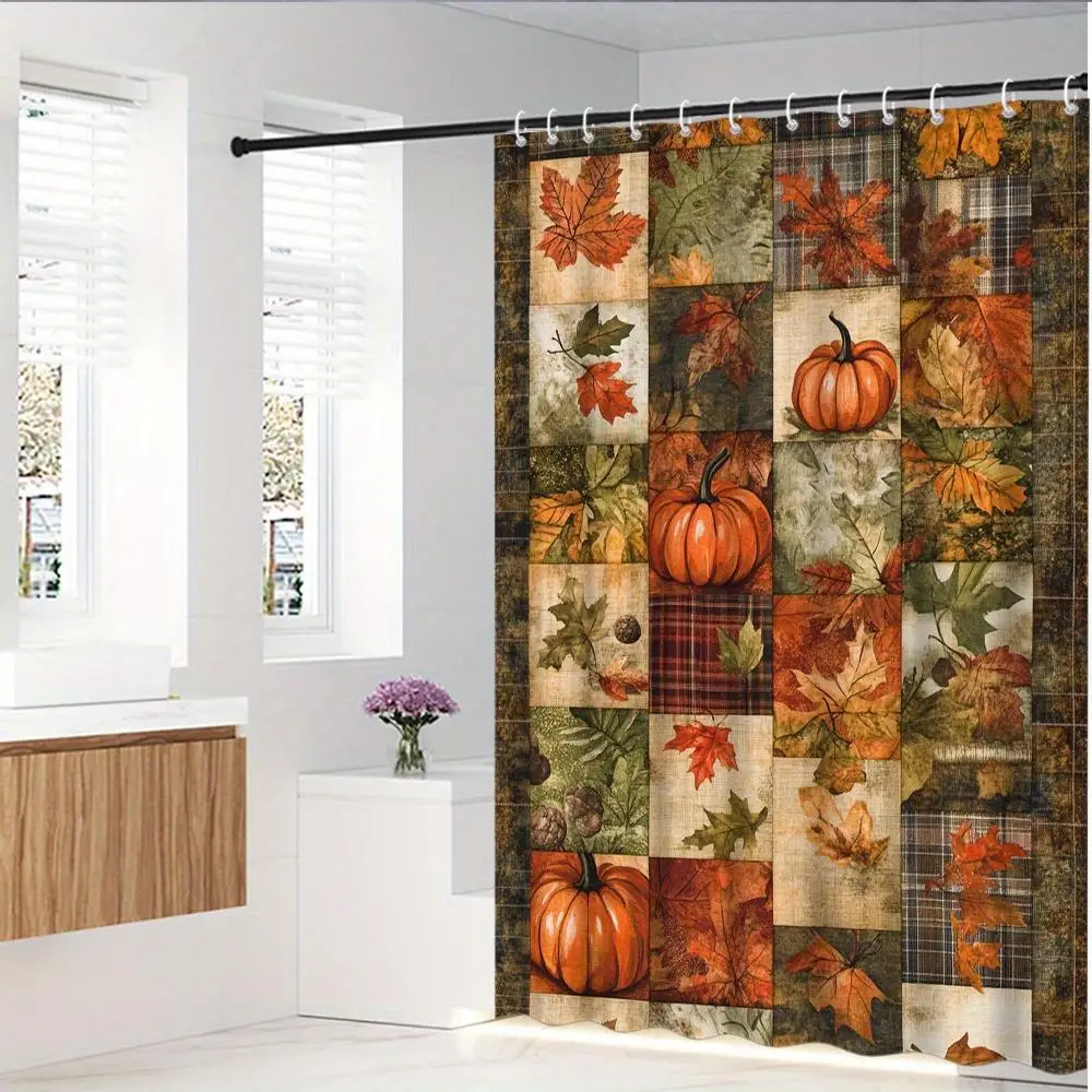 

Waterproof Fall Pumpkin Autumn Leaves Bathroom Shower Curtain Liner Seasonal Harvest Decoration Rustic Bath Curtain