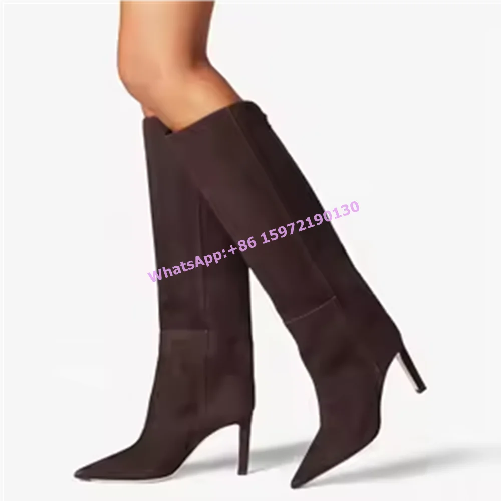 

Suede Patchwork Solid Boots Pointy Toe Thin Heels Slip On Back Metal Button Leisure Luxury Boots Hotties Sexy Winter Shoes 2025