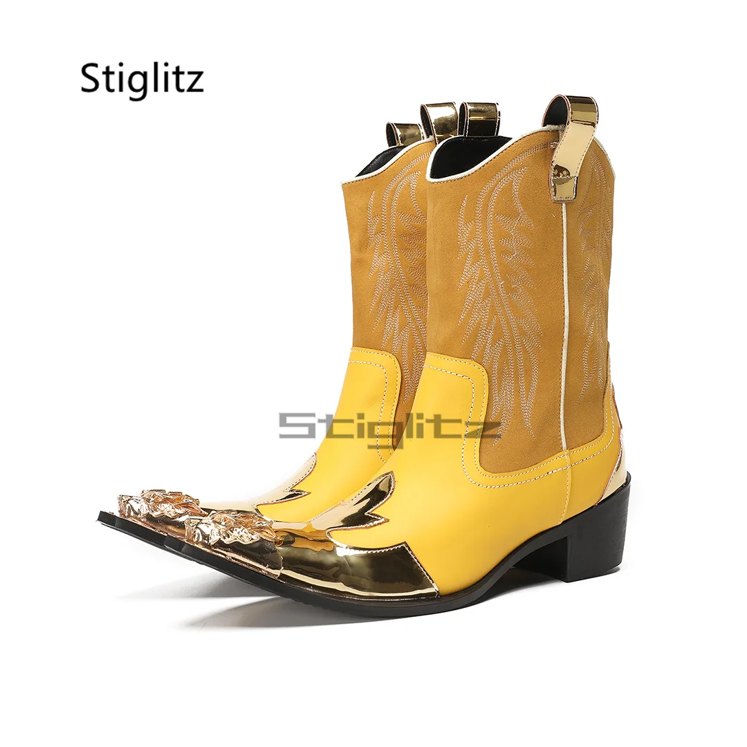 

Yellow Embroidery Riding Boots for Men Genuine Leather Patchwork Metal Toe Mid-Calf Western Boots Slip On High Heel Male Shoes