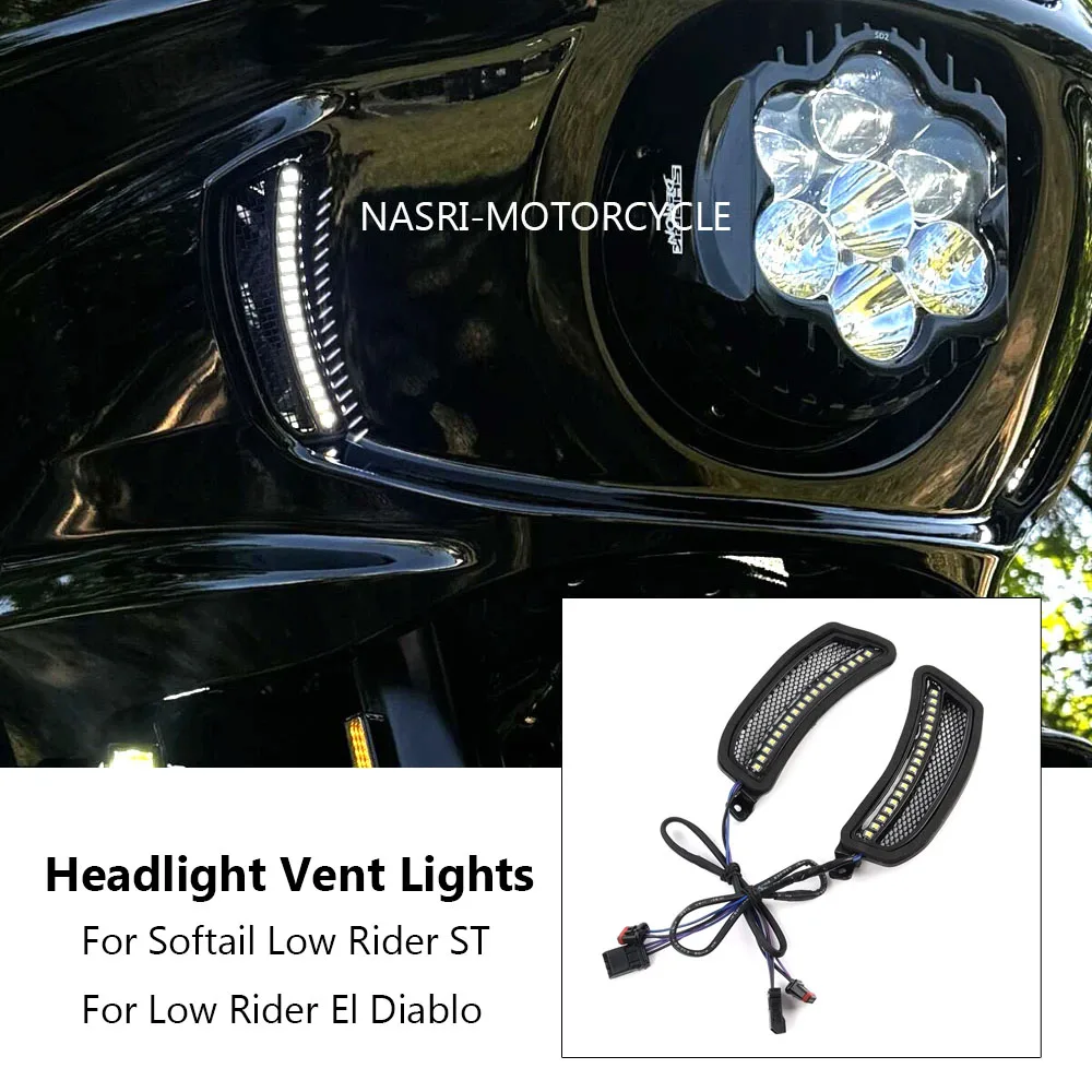 NEW Motorcycle Tracer Headlight Vent Accent LED Indicator Trim Lights For Harley Softail Low Rider ST El Diablo FXRST FXLRST