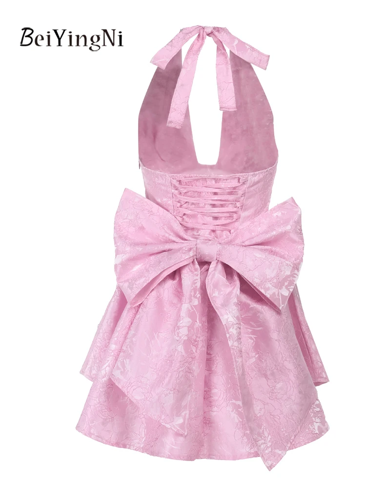 Beiyingni Elegante Luxe Sexy Vrouwen Korte Jurk Backless Boog Jacquard Halter Mini A-lijn Jurken Night Prom Roze Diepe Vestidos