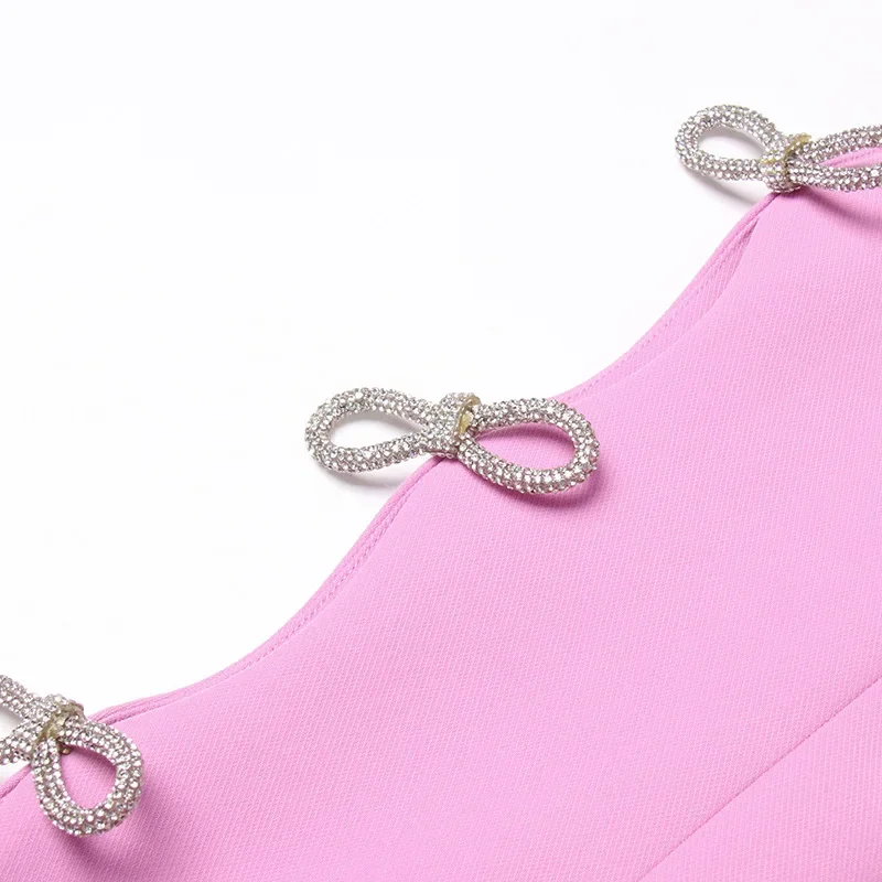 2024 Spring Newest Rhinestone Bow Sleeve Cut-out Suit Jacket Pearl Chain Belt Top Temperament Pink Coat+belt Fashion Woman Dress