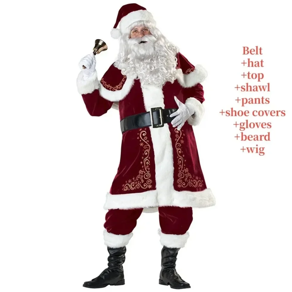 

Santa Claus Cosplay Costume Red Deluxe Velvet Fancy Xmas Set Men Family Costume Xmas Suit Adult New Year Christmas Party Props