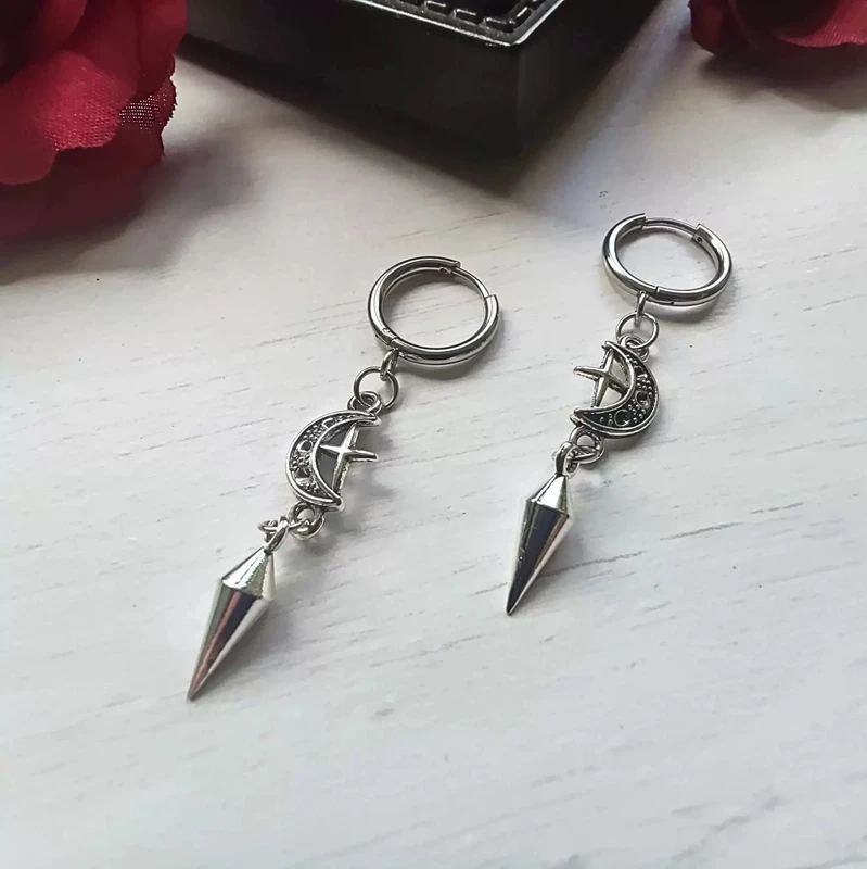1 Pair Punk Rock Stainless Steel Spiky Star Moon Earrings, Suitable for Daily Wear Gothic Jewelry Accessories for Women