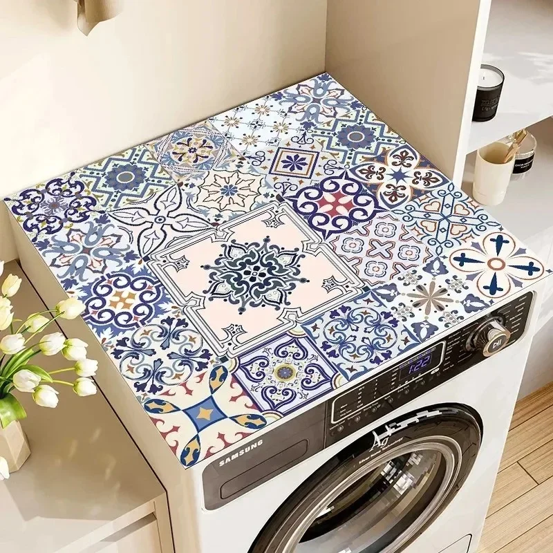 VIKAMA Vintage Portuguese Azulejo Tile Printed Non-slip Shock Absorbing Laundry Room Washing Machine Dust Cover Mat