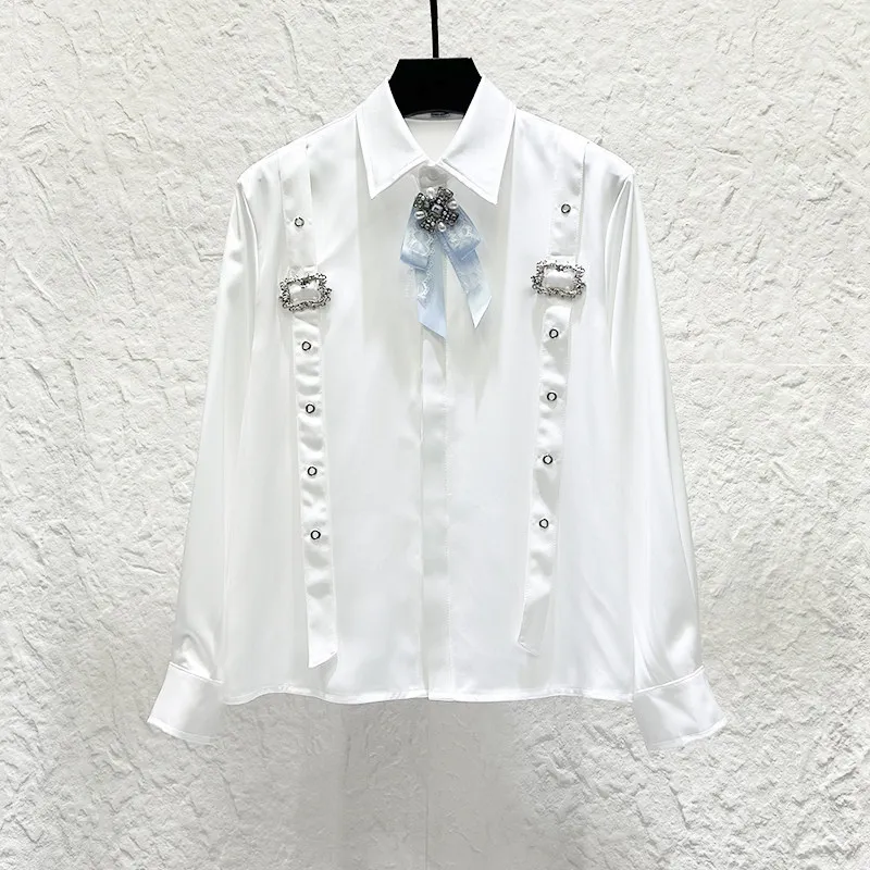 Luxury Fashion French Bow White Shirt Men's Personalized Shoulder Strap Design Ice Silk Shirt Social Stage Performance Costume