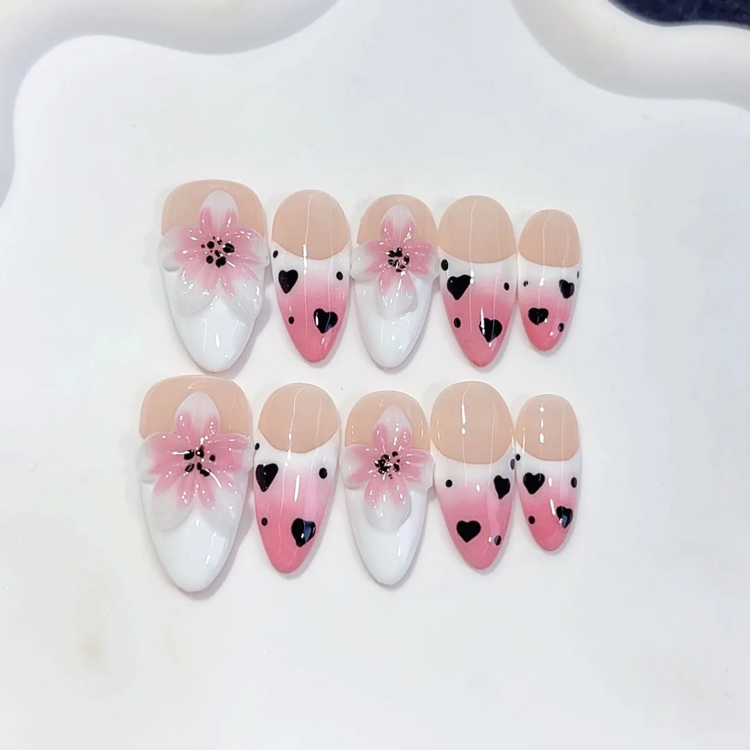 

10pcs Ferench Style Almond Handmade Press on Nails 3D Flowers Heart Pattern Fake Nails False Nail Artificial Nail 네일팁