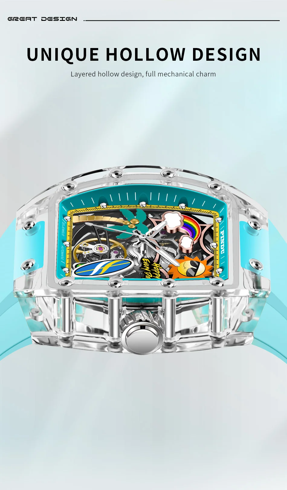 Neue PINDU Uhr mit einzigartigem Zifferblattdesign, mechanische Uhr für Herren, Sommer-Strandmode-Uhr, leuchtend, wasserdicht, mit Harz-Silikonarmband. – Detail 5