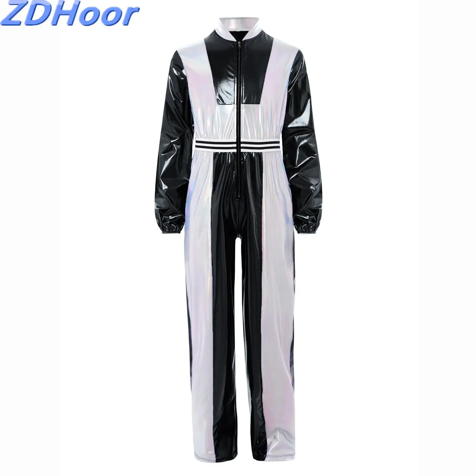 

Kids Girls Metallic Color Block Dance Jumpsuit Long Sleeves Stand Collar Patchwork Zipper Bodysuit for Jazz Hip-Hop Performance