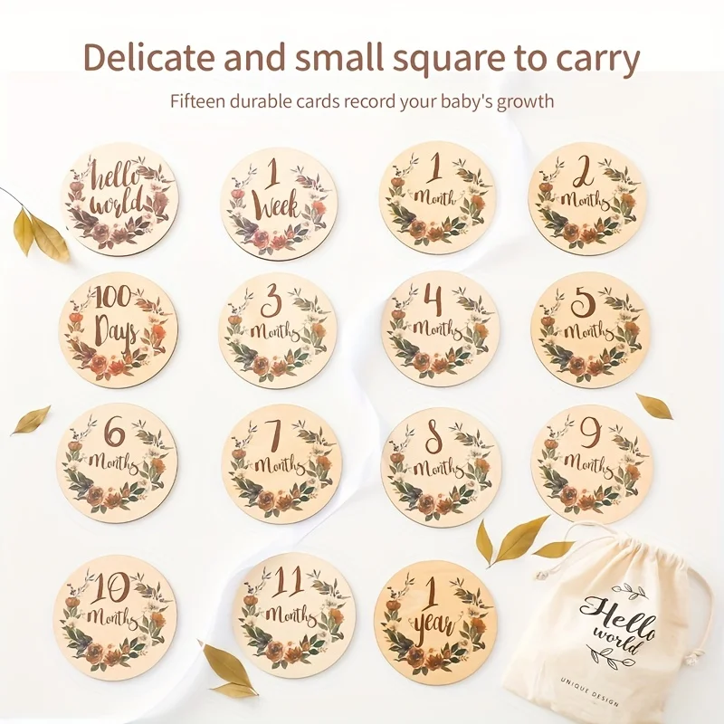 15PCS Floral Baby Monthly Milestone Cards Newborn Photography Props to Document Your Baby´s Growth Wooden Circles/Discs