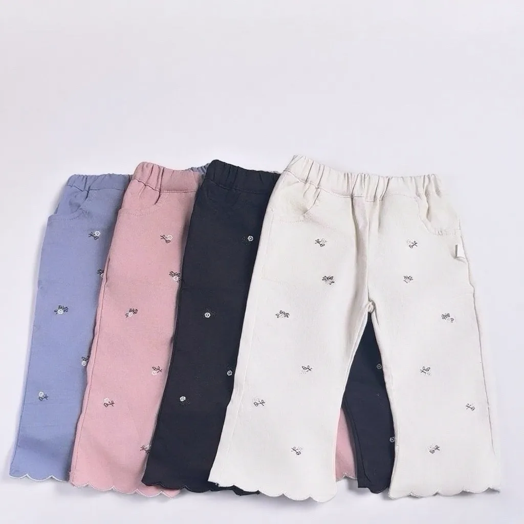 Girls Embroidered Flared Pants Trendy Korean Style Casual Trousers for Kids Autumn Fashionable Ruffle Edged Children's Clothing