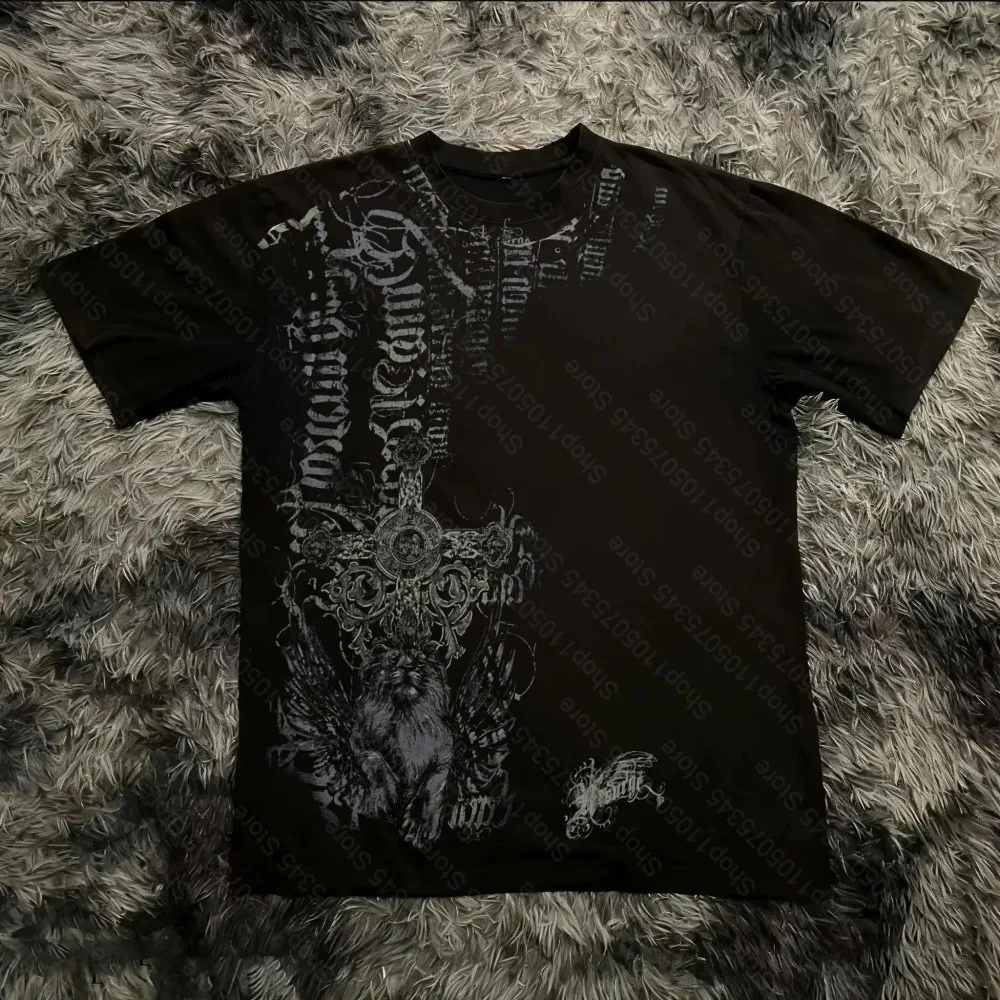New American Men's Summer Gothic Skeleton Angel Wing Letter Print Soft Breathable Round Neck T-shirt Outdoor Street Style Top
