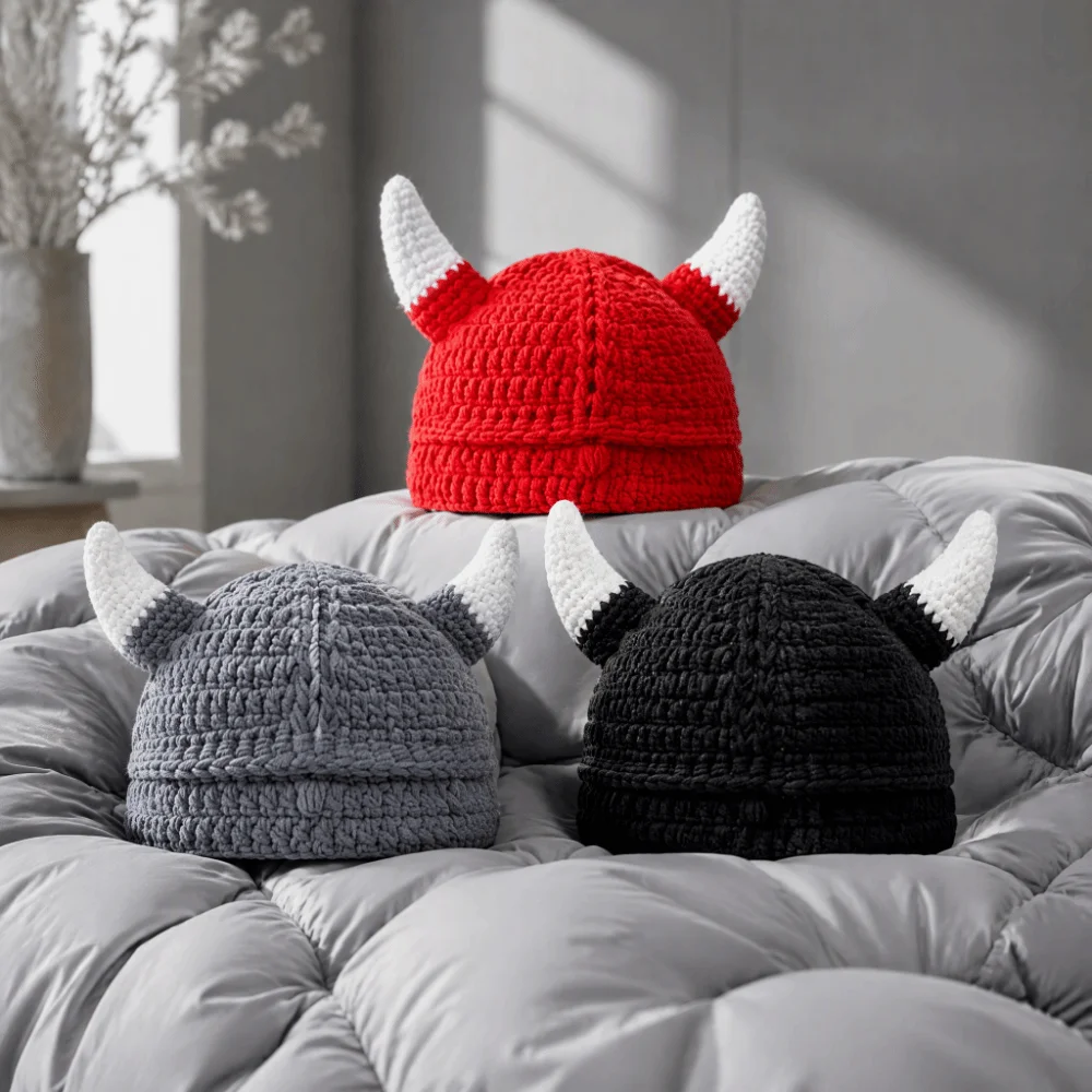 Anime handgemachte hornförmige Mütze, gehäkelte weiche Strickmütze aus Wolle, gemütliche, atmungsaktive, warme Wintermütze für Halloween. – Detail 5