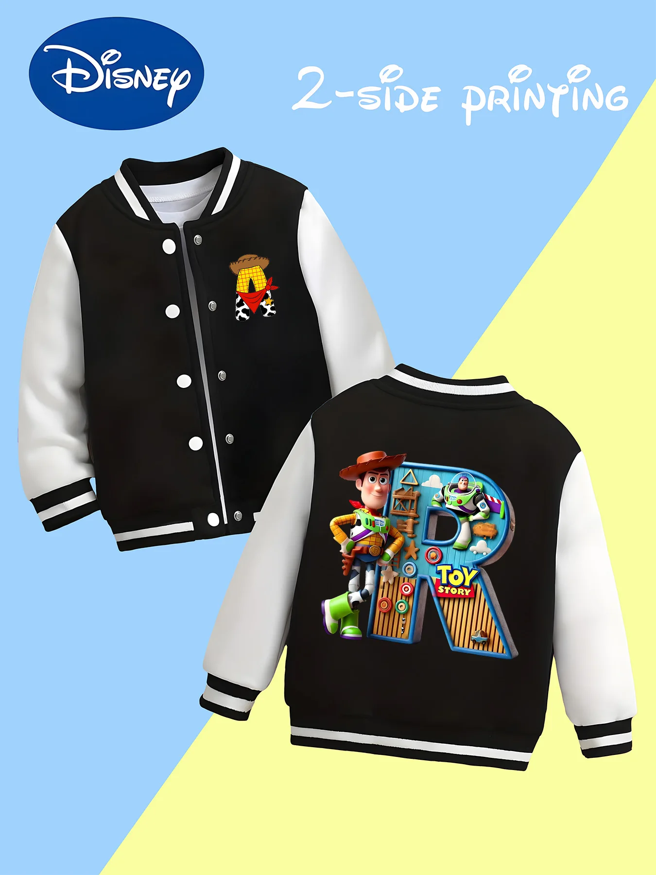 

MINISO Disney collaboration Toy Story boys' jacket - Woody and Buzz Lightyear creative "R" print, soft and comfortable