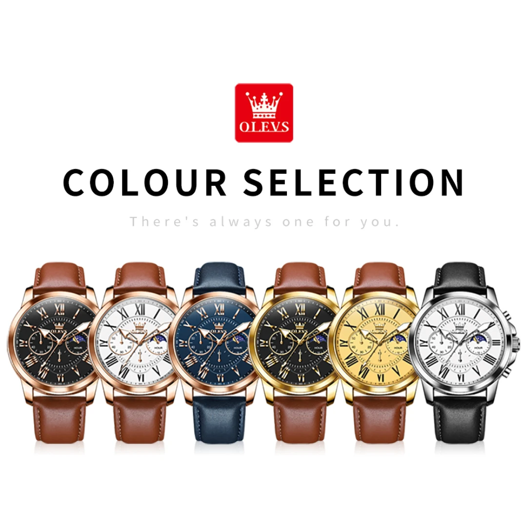 Olevs-レザーウォッチバンド付きクォーツ時計、ラウンドダイヤル腕時計、ムーンフェイズ発光、スモールセカンド、ファッションギフト、3632