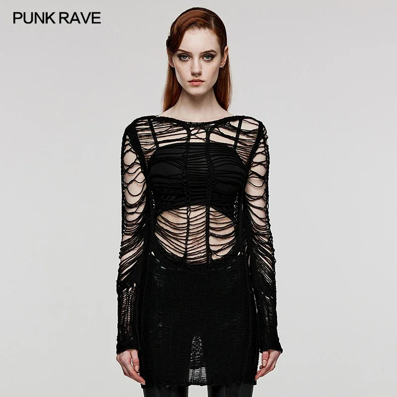 PUNK RAVE women\'s Punk Sexy Hollow Woven Soft Wool maglione lungo personalizzato Decadent allentato top pullover