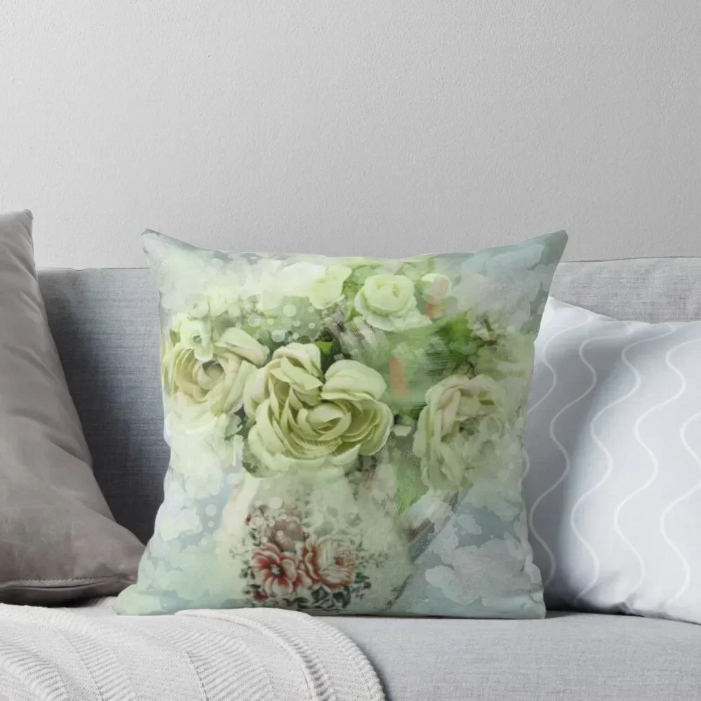 1980s mint green grey impressionism still life watercolor flowers Throw Pillow Cushions For Children Cushions For Sofa pillow