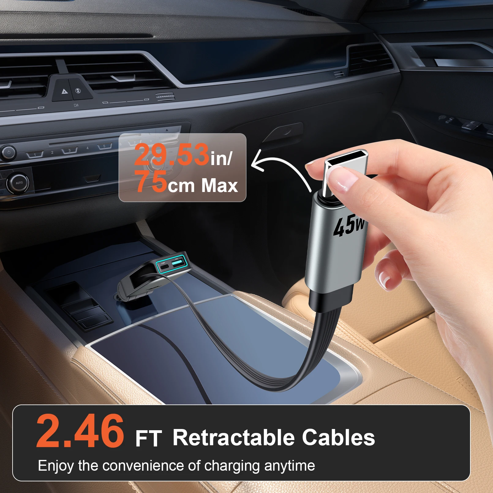 Car Charger Super Fast Charging One-to-Two Retractable Cable Car Cigarette Lighter Converter Compatible with Apple 17 and Huawei view 3