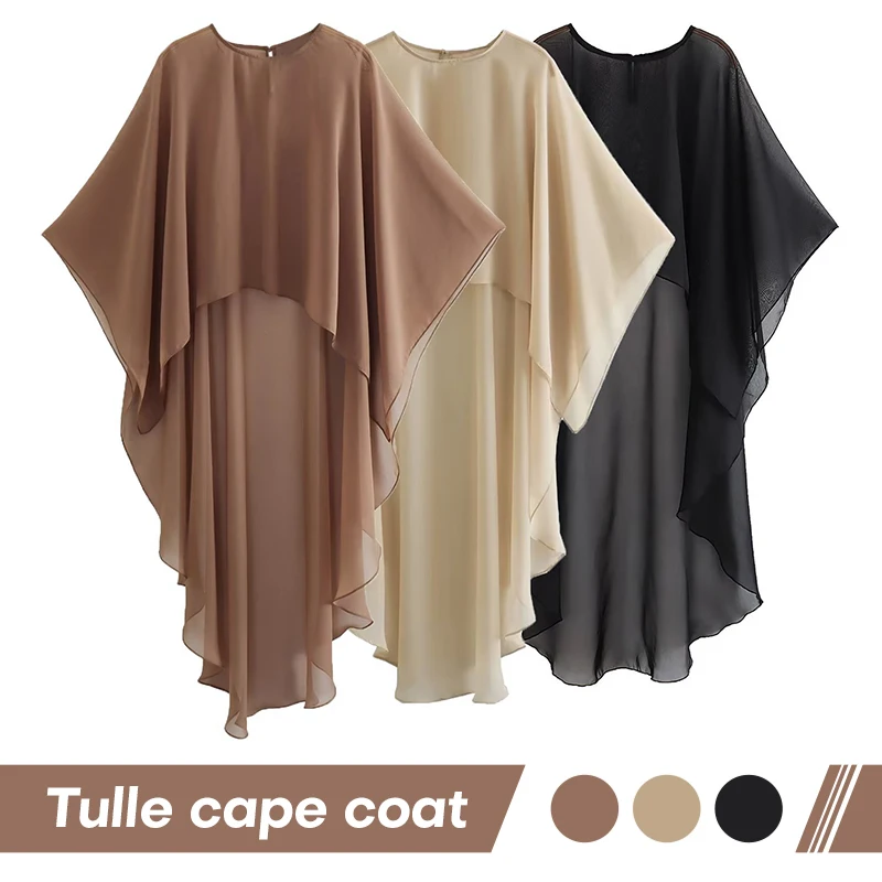 

Women Summer Fashion Poncho Tops Batwing Short Sleeve Round Neck Oversized Solid Color Loose Transparent Thin Coat Tulle Cape