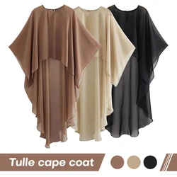 Women Summer Fashion Poncho Tops Batwing Short Sleeve Round Neck Oversized Solid Color Loose Transparent Thin Coat Tulle Cape