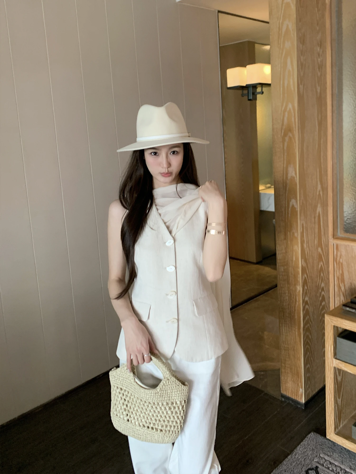 

Pusumede Detachable Sa V-Ne Suit Vest Women Design Sensation Svel Jaet Top Polyester Rayon Linen Blend Regular Le...