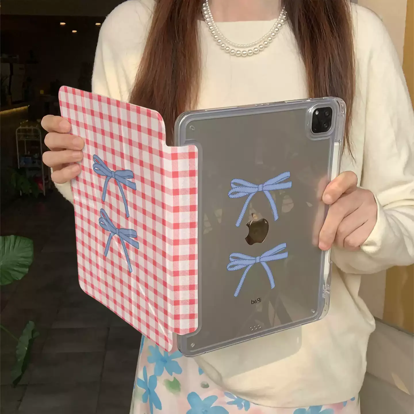 Red Plaid Blue Bowknot Tablet Case For iPad Pro 11 12.9 13 M2 M4 M3 M5 Shell 8.3 9.7 10.2 5/6/7/8/9/10/11th Air 2 3 4 5 6 Cover