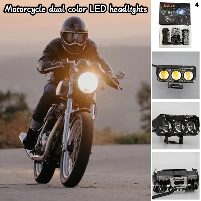 3 Lens Motorcycle LED Spotlight Auxiliary Headlight Dual Color Hi/Low Beam Work Spot Lights Driving Fog Lamp for Trucks SUV UTV