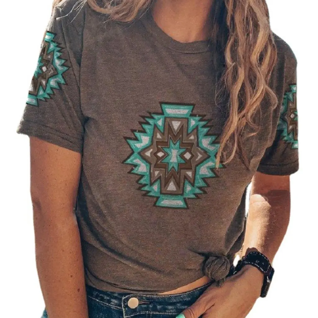 

Женская модная футболка с круглым вырезом и цифровым принтом в западном стиле с коротким рукавом, новая торговля 5039