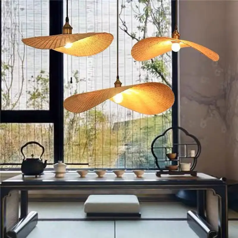 Chinese Vintage Zen Bamboo Rattan Lotus Leaf LED Pendant Lights Art Creative Lamps for Living Room Home Decoration Chandeliers