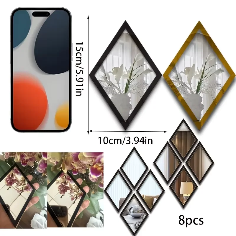 1/8pcs Double-Layer Diamond-Shaped Mirror Wall Stickers/Black-Framed Acrylic Self-Adhesive/Suitable for Wall Decoration in Offic