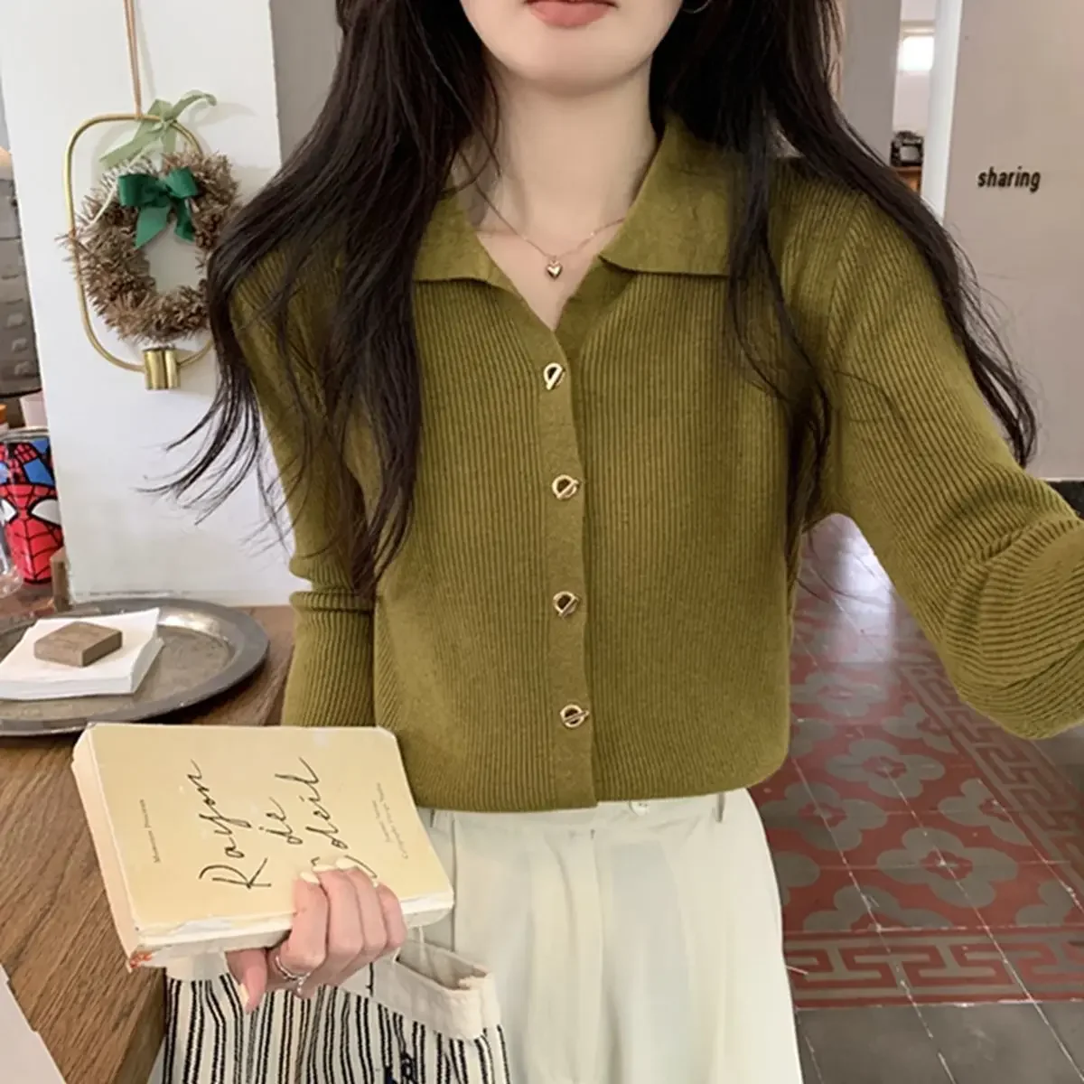 Versione coreana minimalista collo a Polo a maniche lunghe Cardigan in maglia per le donne autunno maglione sottile con scollo a v Top corto abbigliamento