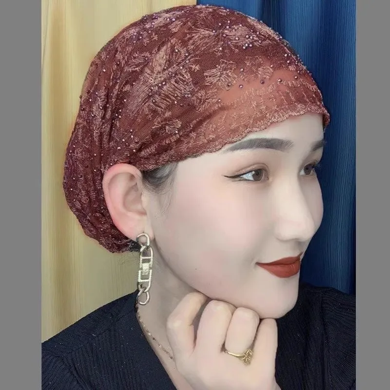 

2026 Lace Hats Gauze Shawl Ethnic Caps for Women Beading Muslim Africa Fashion Prayer Hat Hijabs Breathable Comfortable Cap