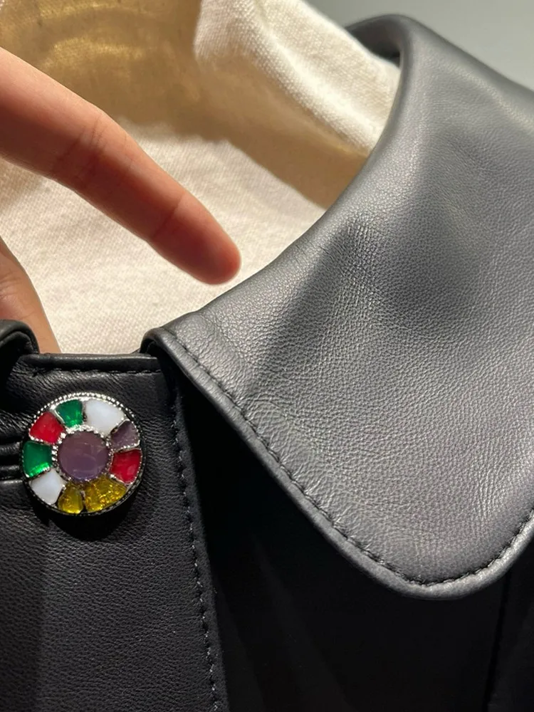 Autunno nuove donne bottoni colorati slim fit pelle di pecora giacca in vera pelle vintage elegante signora festa bavero colletto capispalla cappotto