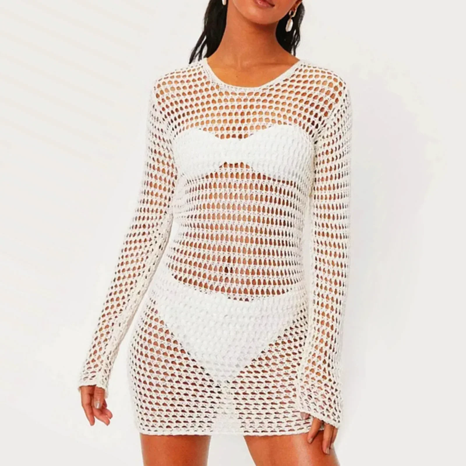 Verão sólido malha bikini cobrir blusa das mulheres solto irregular vestido de praia sexy tule transparente mangas compridas roupa de banho