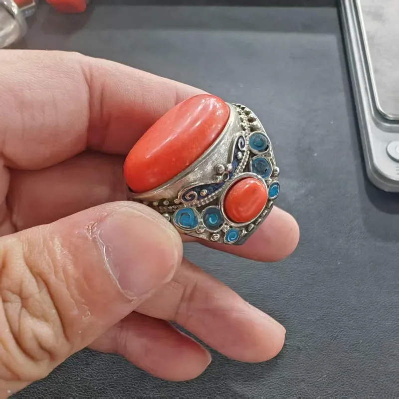 Retro-Orientalischer Cloisonné-Emaille-Ring Unisex mit mehrfarbiger roter Steinintarsie, antikes Tribal-Dekor, Fingerschmuck für Männer und Frauen – Detail 5