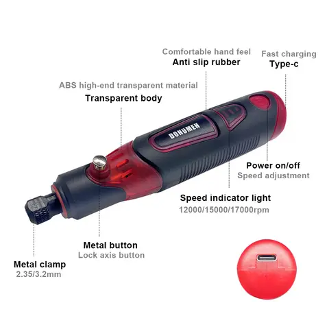 미니 무선 로터리 도구 키트 RedTransparent 36V 충전식 그라인더 3 속도 유형 C 다목적 연마 샌딩 조각
