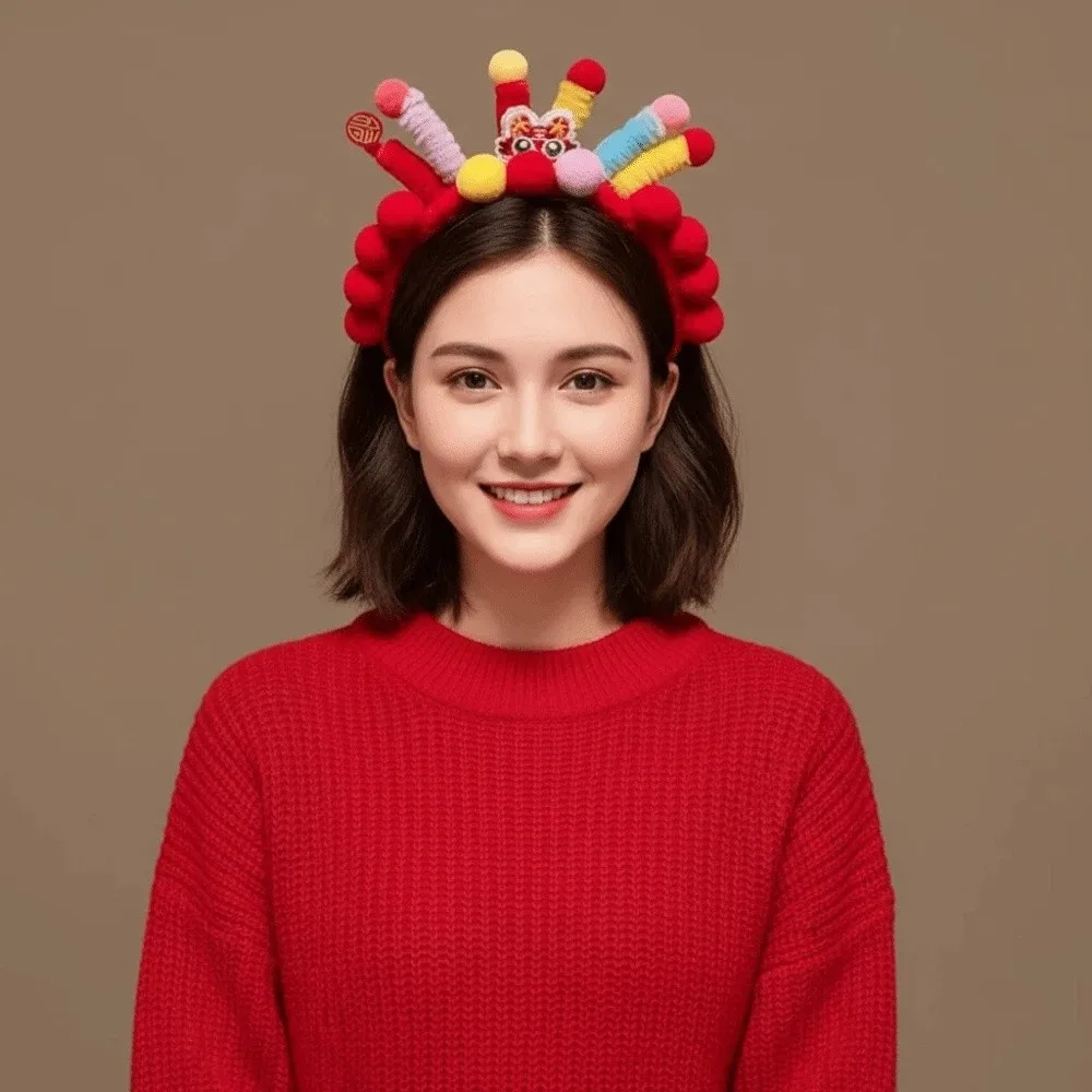 

Princess Lion New Year Hair Hoop Embroidered Bow Tassel Ancient Style Hairband Headwear Beads Red Headband Party