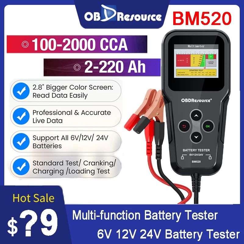 OBDResource 6V 12V 24V Car Battery Tester BM520 100-2000CCA Charging Crankshaft Analyzer Load Tester For Cars Trucks Motorcycles