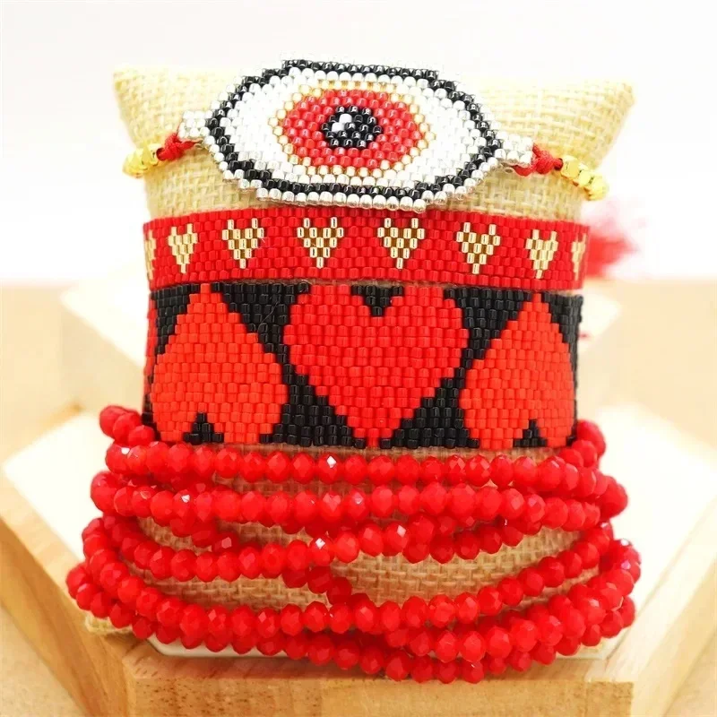 Beaded bracelet Crystal Originality Devil's eye Heart  Design Hand textile Bohemia Adjustable Tide Female Rice bead bracelet set