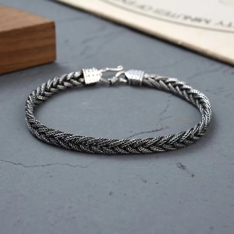 BOCAI New S925 Silver Exquisite Retro Fox Tail Hand Woven Fried Dough Twists Chain Trendy Lovers Bracelet for Men and Women