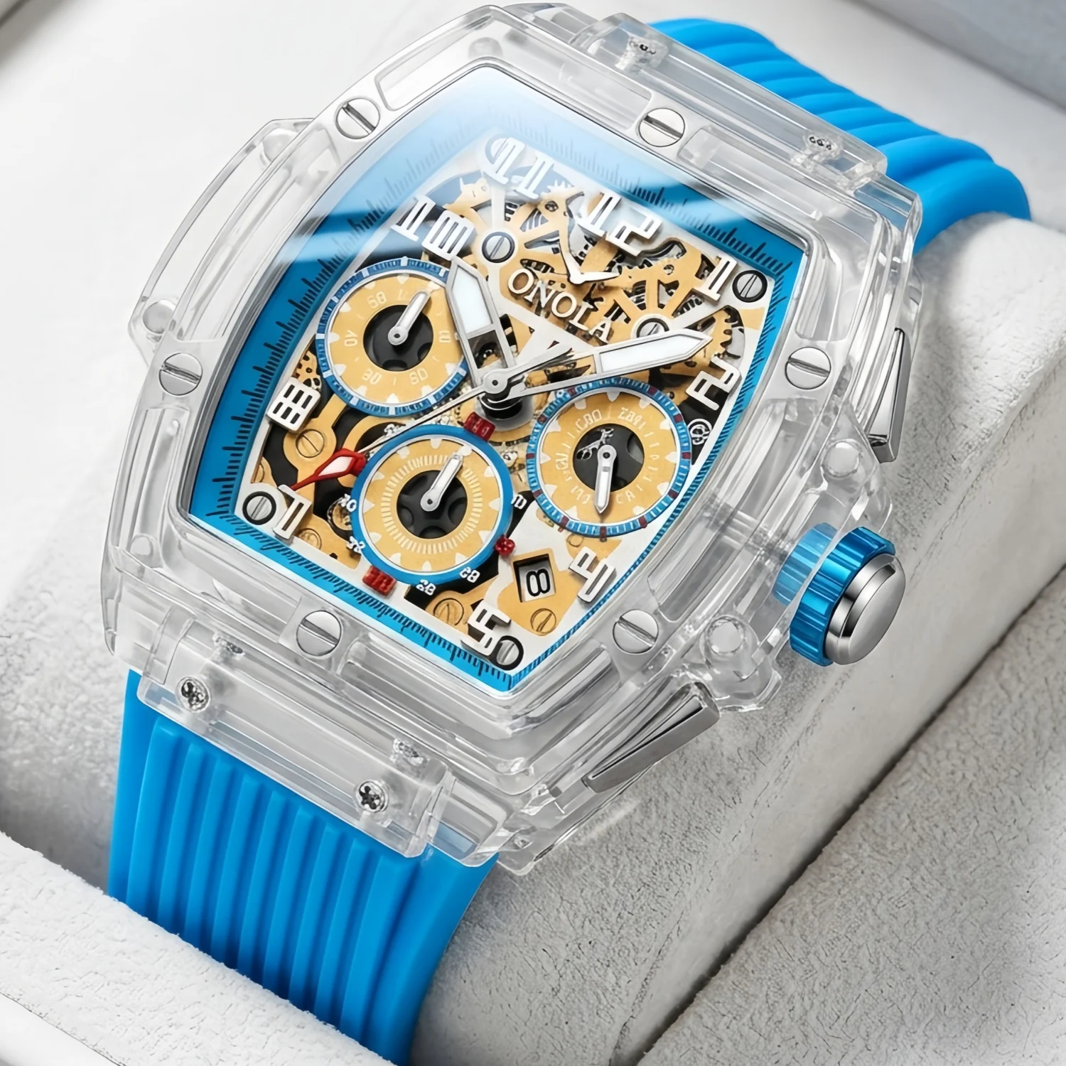 ONOLA transparent case timing watch men's waterproof quartz sports watch