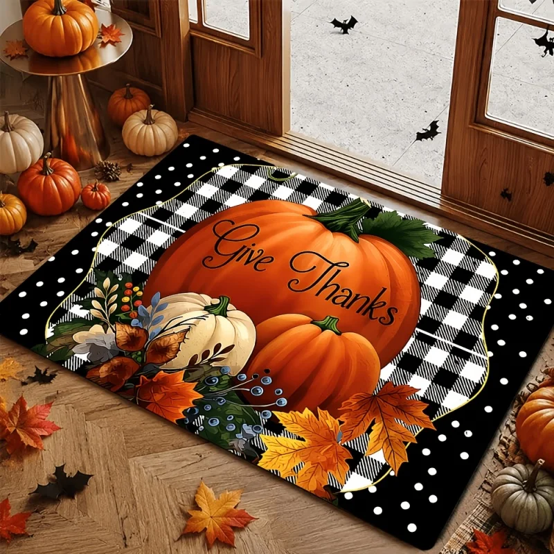 Thanksgiving Give Thanks Pumpkin Doormat, Buffalo Plaid Maple Leaf Print Entry Mat, Fall Holiday Front Door Decor