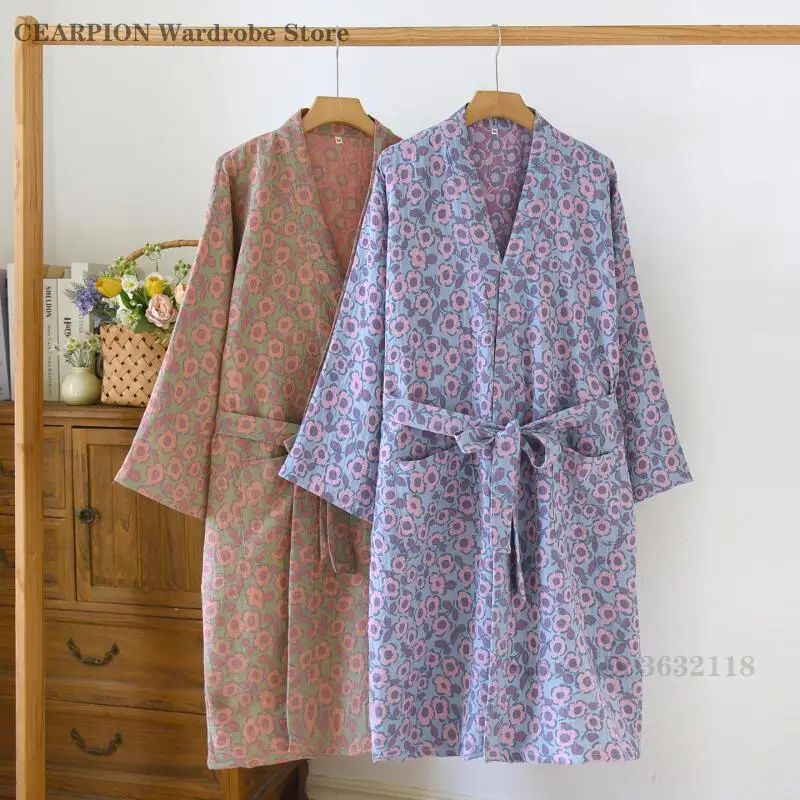 

Cotton Women's Robe Nightgown Retro Jacquard Flower Bathrobe Kimono Gown Spring New Yukata Loose Casual Sleepwear Home Clothes
