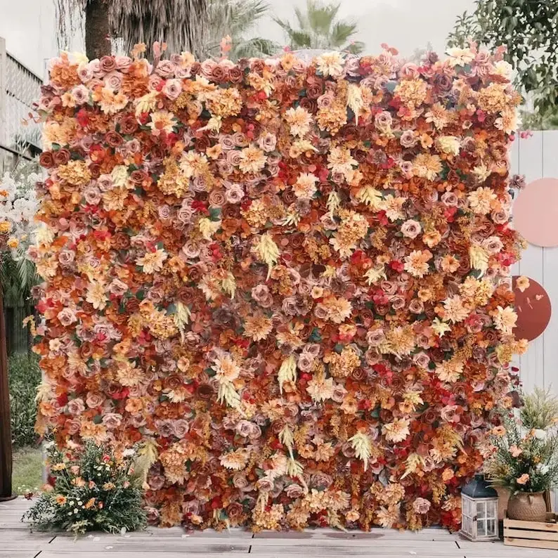 

Autumn Rose Artificial Flower Wall Wedding Backdrop Fabric Floral Green Plant Wall Window Display Event Party Props Flower Row