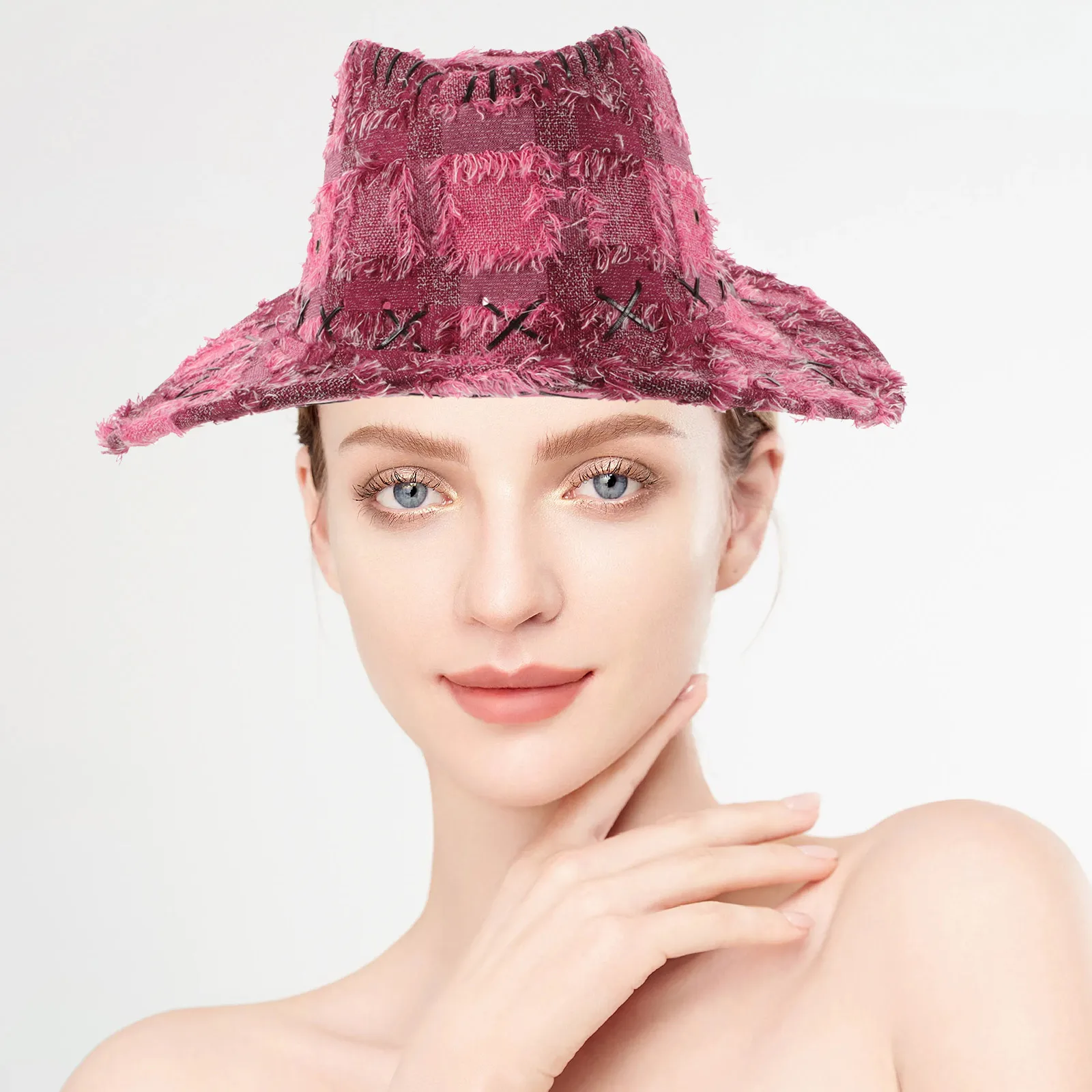 

Western Cowboy Hat Pink Frayed Edge Adjustable B Sun Protection Outdoor Fishing Beach Trendy Cowgirl Cloche Summer