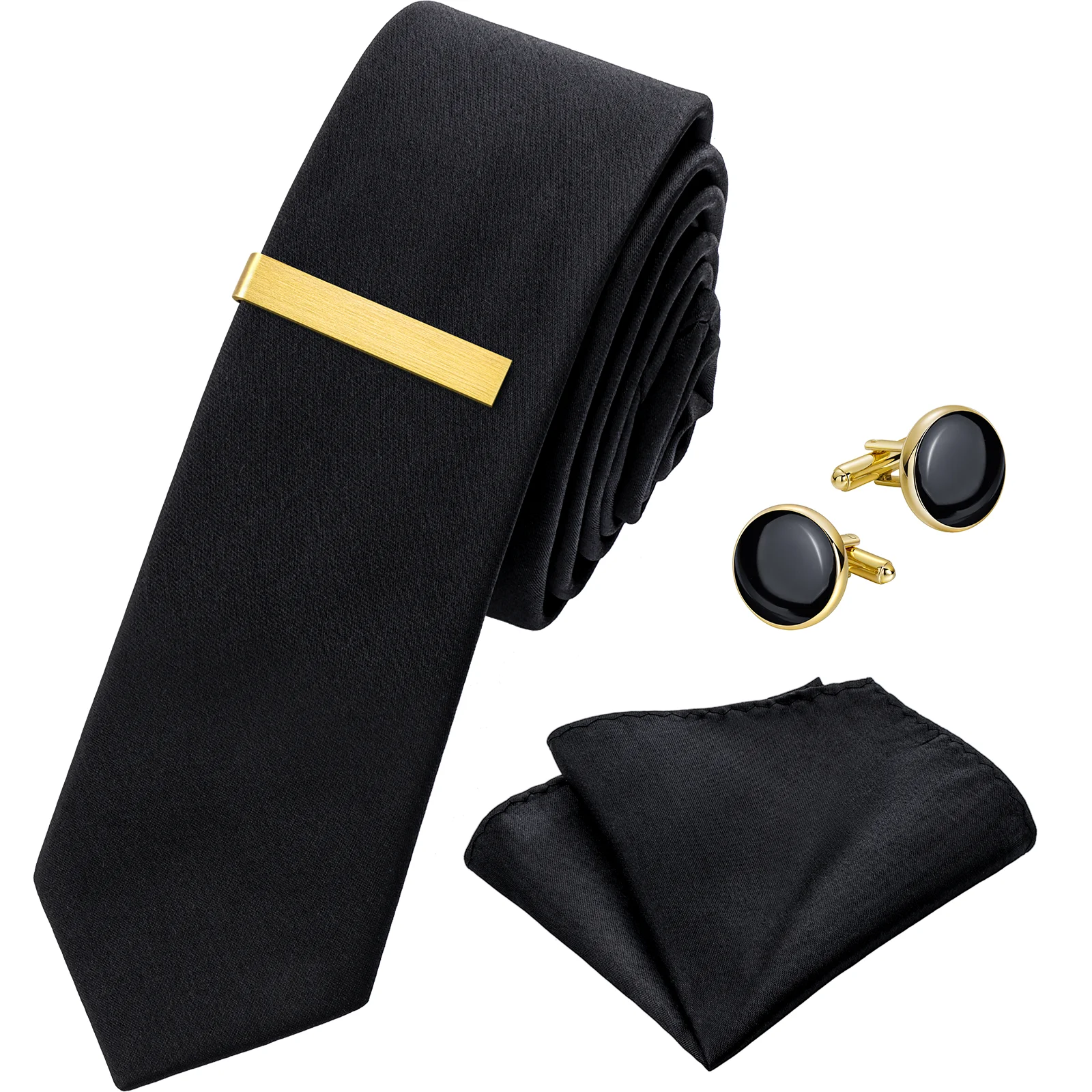 Classic Black Ties for men Tie Clips and Cufflinks Set, Solid Satin kerchief for Father's Day,Anniversary,Wedding and Bussiness.