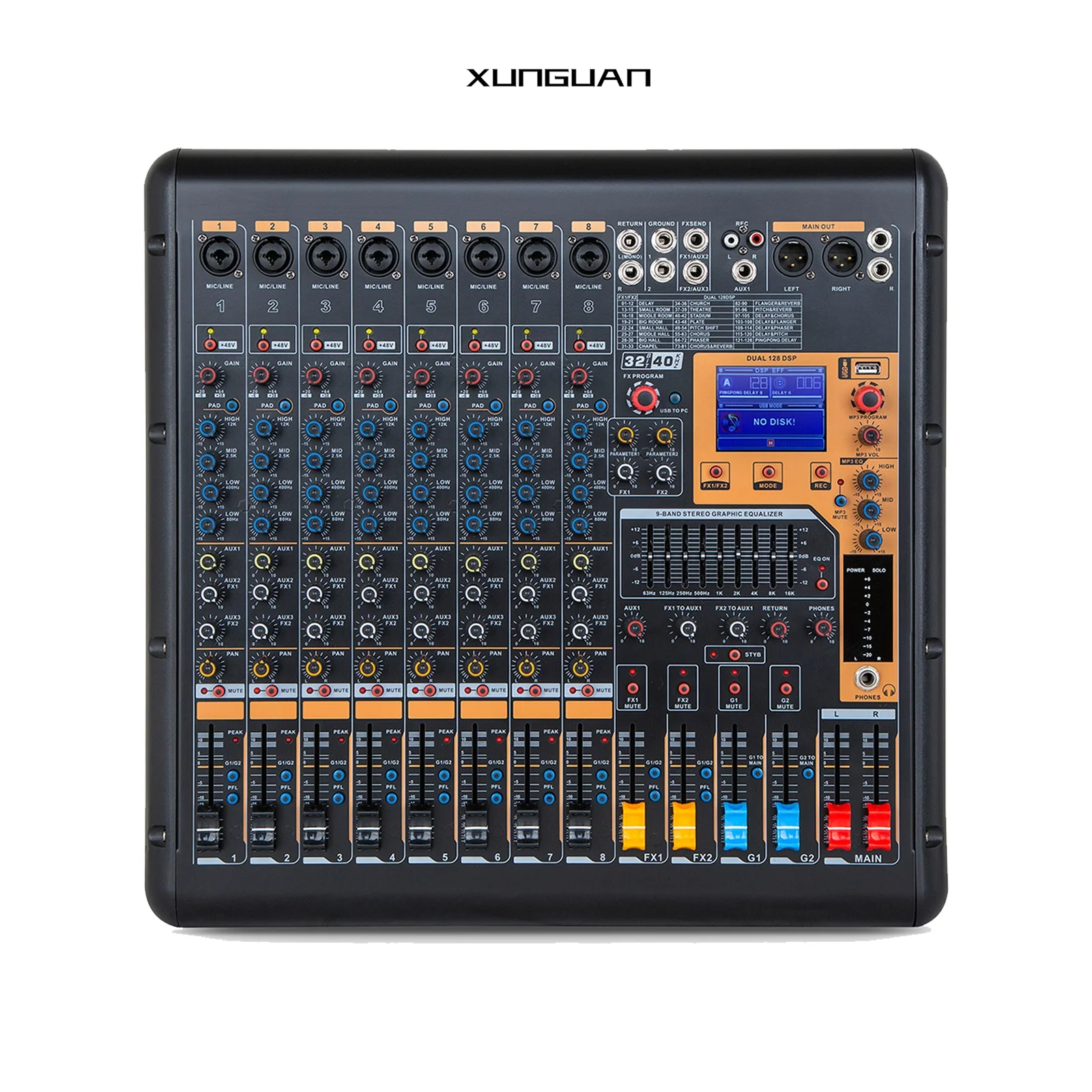 DMR série 8/12/16CH nouveauté 128DSP amplificateur Bluetooth mélangeur Audio avec 350 W/600 W * 2CH/double 9 bandes EQ/48 V fantôme/coupe basse