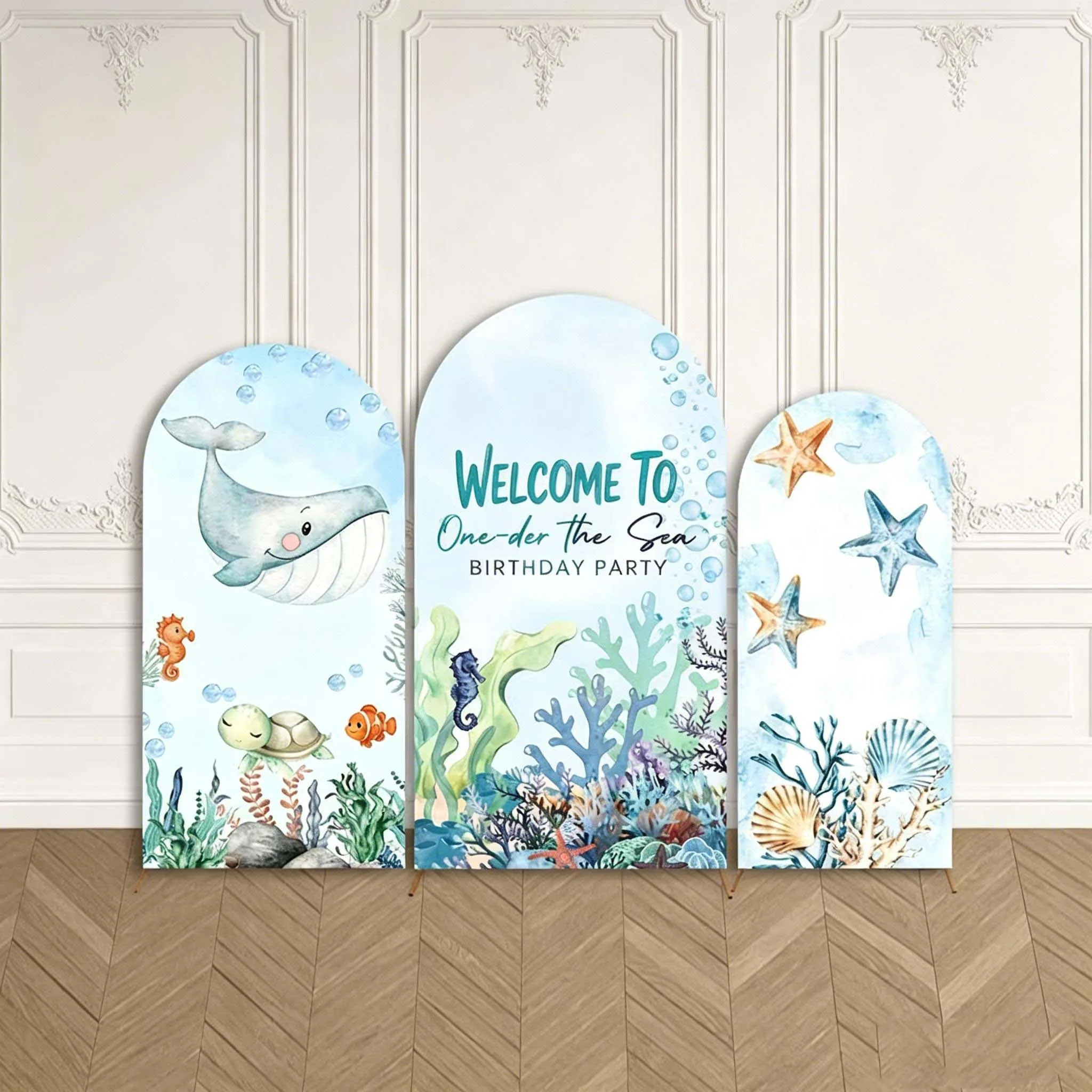 Custom 2-Side Under the Sea Baby Shower Backdrop Arch Cover Starfish Shell Seaweed Birthday Party  Decor Backdrop Photo