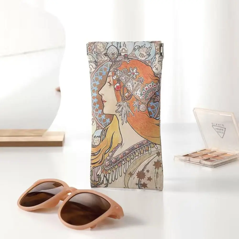 Mucha Painting Sun Glasses Case PU Leather Automatic Closing Sunglasses Protective Cover Soft Shell Portable Eyewear Storage Bag