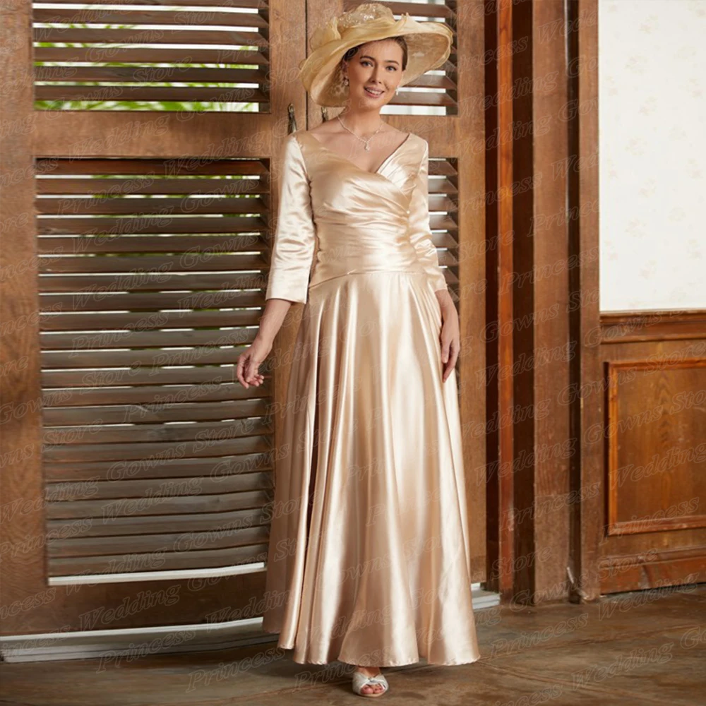 

Customized Champagne Gold Satin Wedding Guest Party Gown For Women Wear Pleat Floor Length Elegant Mother Of The Bride Dresses